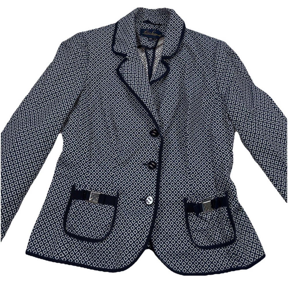Luisa Spagnoli Women's Size 44 Blazer Navy Blue Triangle Geometric Faux‎ Buckles